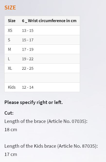 Wrist Orthosis Size Chart