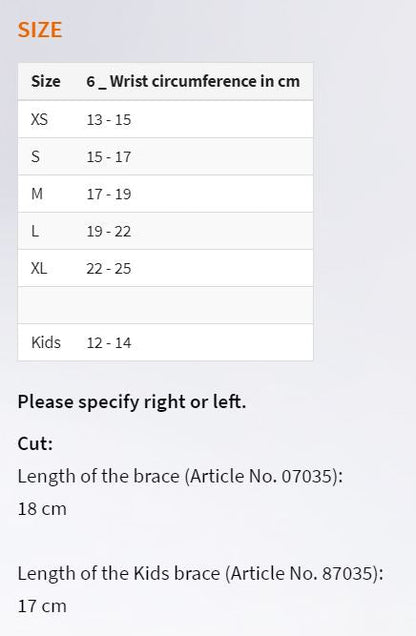 Wrist Orthosis Size Chart